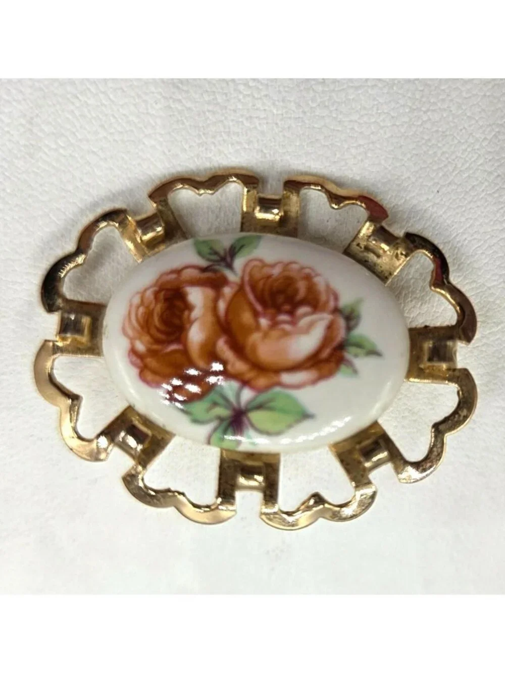 Vintage Gold Tone Floral Porcelain Brooch With Rose Design Oval Frame